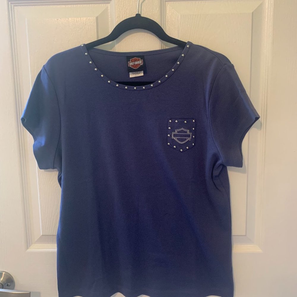 Harley Davidson Women's Blue Studded Short Sleeve Tee, Size XL, EUC